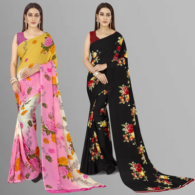 kashvi sarees Floral Print Daily Wear Georgette Saree(Pack of 2, Pink, Yellow, Multicolor)