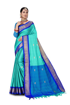 NST5 Woven Paithani Cotton Silk Saree(Light Blue, Dark Blue)