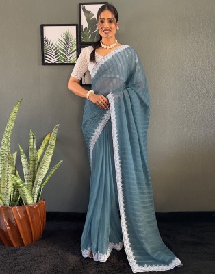 Samah Embellished, Self Design, Striped Bollywood Chiffon Saree(Blue)