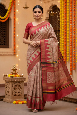 Fabloom Floral Print, Printed, Solid/Plain Handloom Tussar Silk Saree(Red)