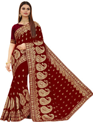 b bella creation Self Design, Embroidered Bollywood Georgette Saree(Maroon, Gold)