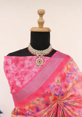 VCREATION Digital Print Bollywood Cotton Linen Saree(Multicolor)