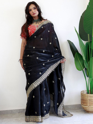ANOUK Embroidered Chanderi Organza Saree(Black)