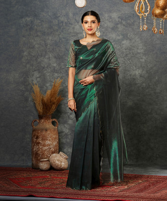 SIRIL Embroidered, Solid/Plain Bollywood Net Saree(Dark Green)