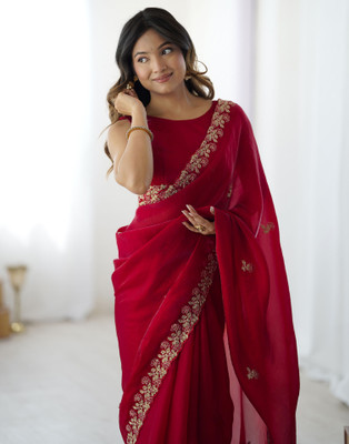 Satrani Embellished, Embroidered Bollywood Jimmy choo, Tissue Saree(Red)
