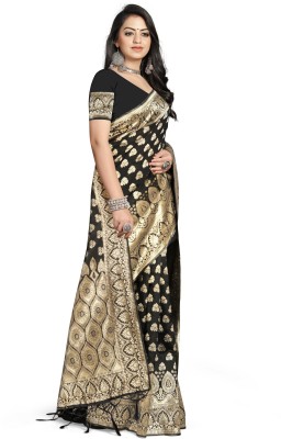 tapovan fashion Embellished, Self Design, Woven Kanjivaram Silk Blend, Jacquard Saree(Black)