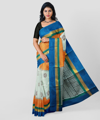 Creative weaves Color Block, Striped, Floral Print Hand Batik Handloom Pure Cotton Saree(White, Blue, Yellow)
