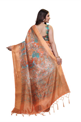 TRINETRA STUDIO Printed, Woven Bollywood Silk Blend Saree(Orange)
