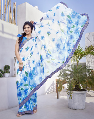 YASHIKA Printed Daily Wear Georgette, Lace Saree(Blue, White)