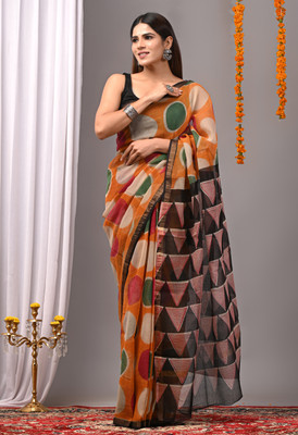 Taavi Printed Kota Doria Cotton Blend Saree(Multicolor)