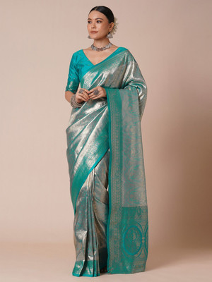 House of Pataudi Woven Kanjivaram Silk Blend Saree(Blue)