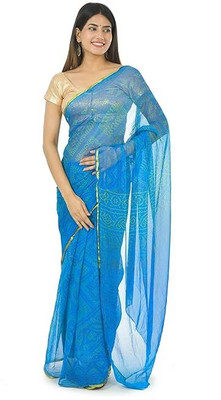 TMT HUB Printed Bandhani Chiffon Saree(Light Blue)