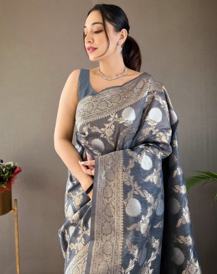 Divastri Dyed, Self Design, Woven Banarasi Silk Blend Saree(Grey, Gold, Silver)