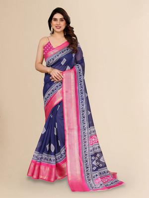Moda Rapido Printed Bollywood Cotton Blend Saree(Dark Blue)