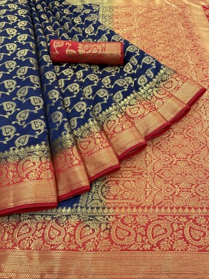 JINU CREATION Woven Banarasi Cotton Silk Saree(Blue)