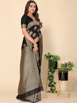 Leeza Store Self Design, Woven, Solid/Plain Banarasi Silk Blend, Cotton Blend Saree(Black)