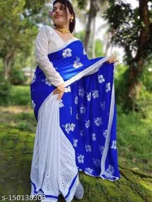 Woven fashion Embroidered Bollywood Cotton Blend Saree(Blue)