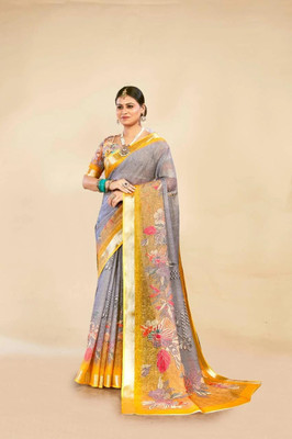 VTEXX Digital Print Saree with Attached Blouse Cotton Linen Saree(Multicolor)
