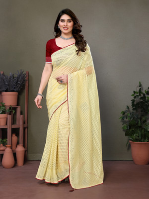 Sakifashion Striped Bollywood Net Saree(Yellow)