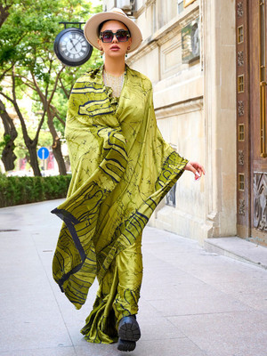 Sangria Printed Hand Batik Crepe Saree(Light Green)