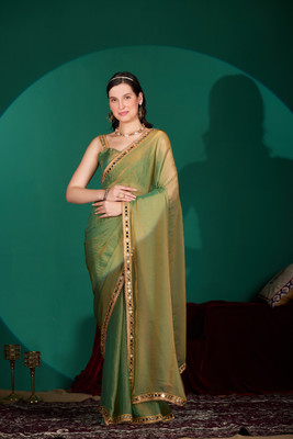 NQUEEN Solid/Plain Bollywood Organza Saree(Green)