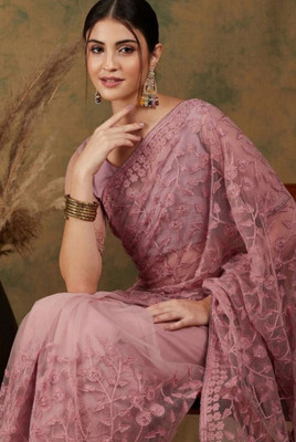 Vijay Fashion Floral Print, Embroidered Bollywood Net Saree(Purple)