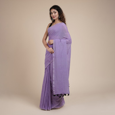 Teejh Solid/Plain Handloom Cotton Blend Saree(Purple)