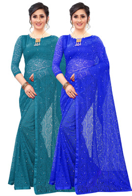 LOROFY Embellished Bollywood Net Saree(Pack of 2, Multicolor)