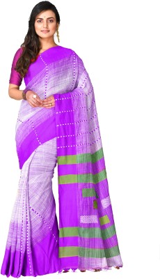 crochetin Woven Handloom Cotton Blend Saree(Purple, White)