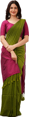 Vayu Solid/Plain Handloom Cotton Blend Saree(Light Green)
