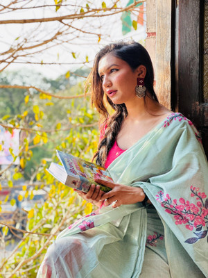 PeachPetals Printed, Floral Print Banarasi Cotton Blend Saree(Light Green)