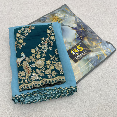 K 5 FASHION Embroidered, Solid/Plain Bollywood Tissue Saree(Blue)