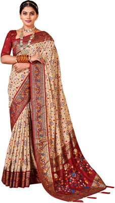 Akhilam Printed Patola Silk Blend Saree(Cream)