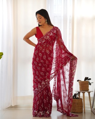 munir Embroidered Bollywood Silk Blend Saree(Red)