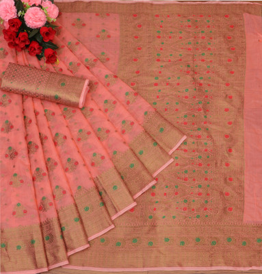 NIYAMI Woven, Printed, Self Design, Floral Print Bollywood Cotton Silk, Jacquard Saree(Orange)