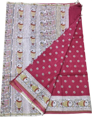 TASKEEN Printed, Floral Print, Animal Print, Temple Border Bhagalpuri Handloom Cotton Linen Saree(Red)