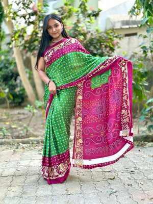 ZENFAB THREADS Animal Print Bandhani Crepe, Silk Blend Saree(Multicolor)
