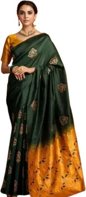 DEVATVAM Floral Print Banarasi Jacquard Saree(Dark Green)