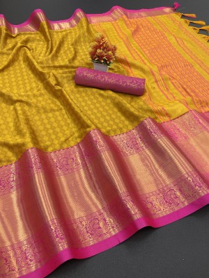 RUHKRUSH Checkered, Ombre, Paisley, Self Design Kanjivaram Cotton Silk Saree(Yellow)