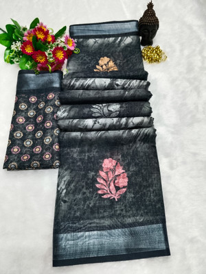 ASHTA Floral Print Kanjivaram Linen Saree(Black)