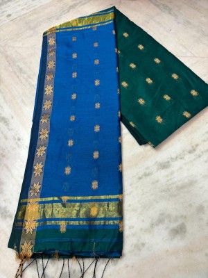 sdn Woven Tant Handloom Cotton Silk Saree(Dark Green, Blue)