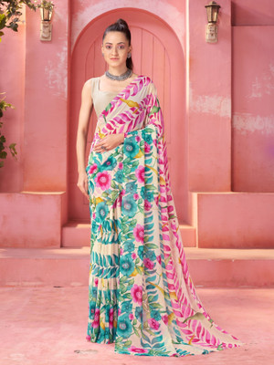 GARDEN VARELI Floral Print Bollywood Georgette Saree(Cream, Blue)