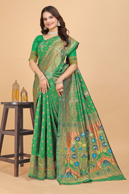 Parishow Woven, Embellished Banarasi Silk Blend Saree(Green)