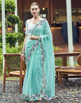 Samah Dyed, Embroidered, Embellished Bollywood Net Saree(Light Blue, Multicolor)