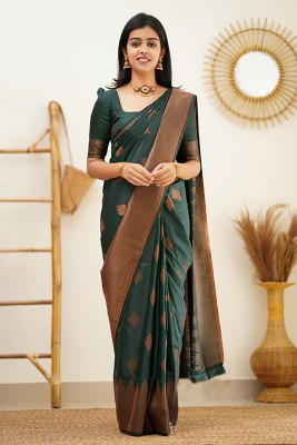 Anjaneya Sarees Self Design Kanjivaram Silk Blend Saree(Green)