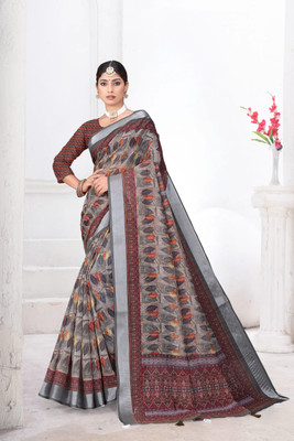 Mugdarra Geometric Print Daily Wear Linen Saree(Multicolor)
