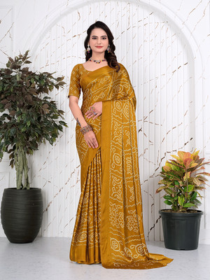 Pionex Printed, Tie-Dye, Geometric Print Bandhani Satin, Pure Silk Saree(Mustard)