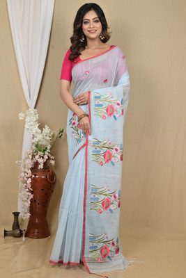 DipDiya Printed Handloom Cotton Blend Saree(Light Blue)