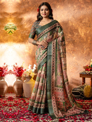 Sareemall Printed Hand Batik Linen Saree(Green)