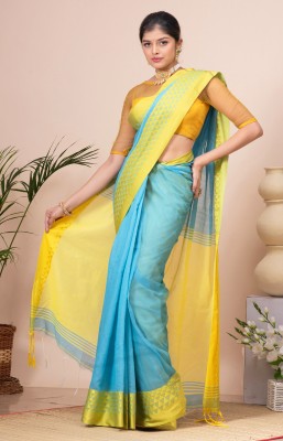 crochetin Woven Handloom Cotton Blend Saree(Light Blue, Yellow)